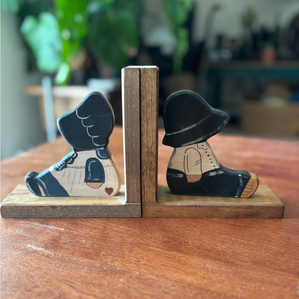 Holly Hobbie Style Handcarved and Painted Wooden Bookends